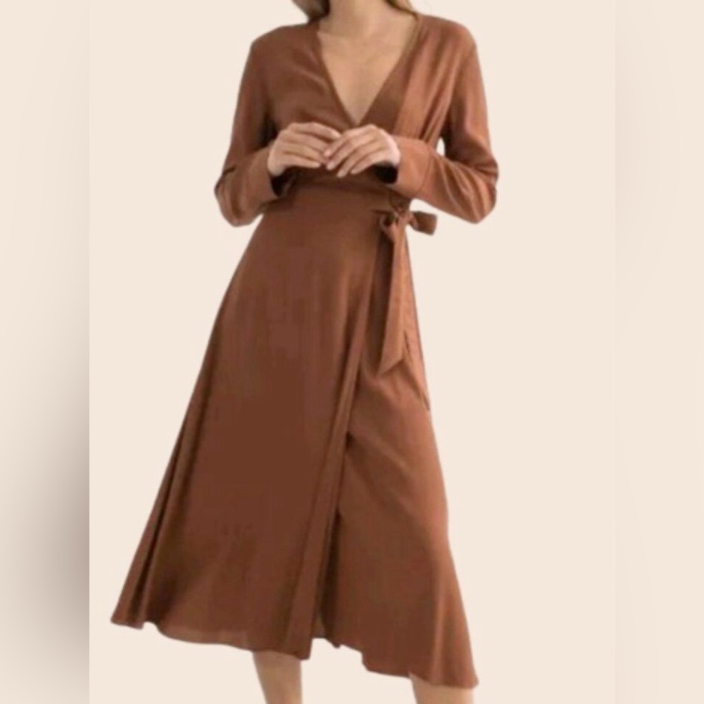 SALE Modern citizen small long midi wrap tie dress camel brown tan caramel